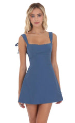 Lace Trim Open Back Dress in Denim Blue