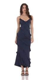 Ruffle V-Neck Maxi Dress in Navy