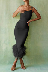 One Shoulder Halter Fur Swing Dress