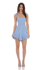 Floral Jacquard Ruffle A-line Dress in Light Blue