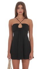 Shimmer Pinstripe Fit and Flare Dress in Black