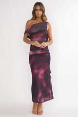 Saffra Shoulder Sash Ruched Maxi Dress Print Wine