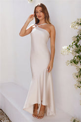 Romantic Affair Satin One Shoulder Maxi Dress Champagne