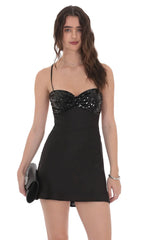Satin Sequin Bust Dress in Black