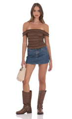 Ruffle Lace Off Shoulder Top in Brown