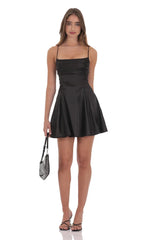 Satin Draped A-Line Dress in Black