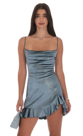 Foil Velvet Ruffled Slit Dress in Blue