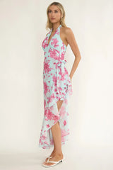 Nerida Waist Tie Asymmetric Dress Floral Ice Blue