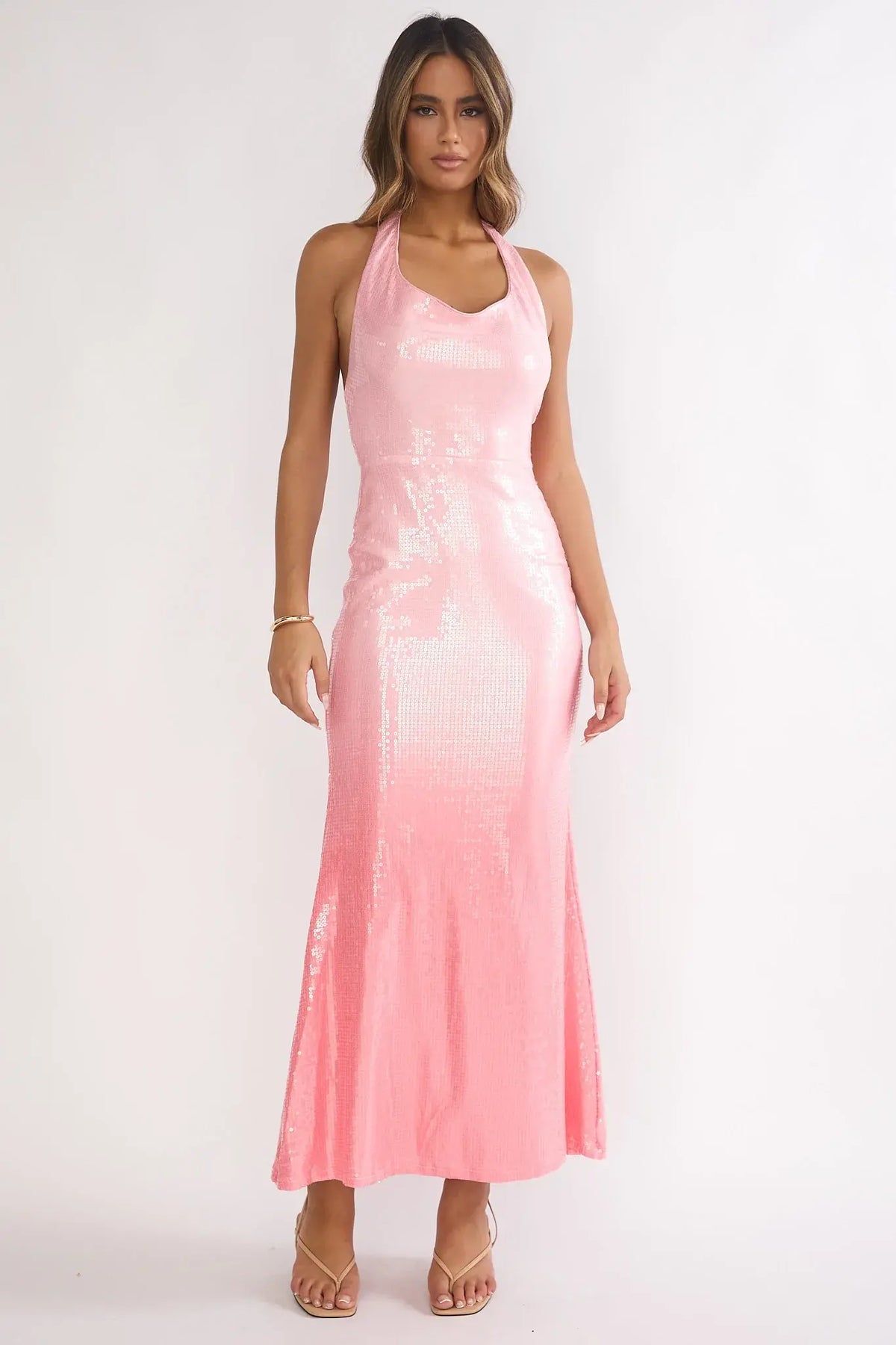 Koral Halter Sequin Maxi Dress Gradient Pink