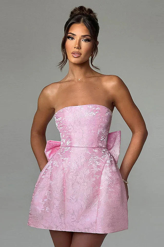 Jacquard Print Tube Back Bow Mini Dress
