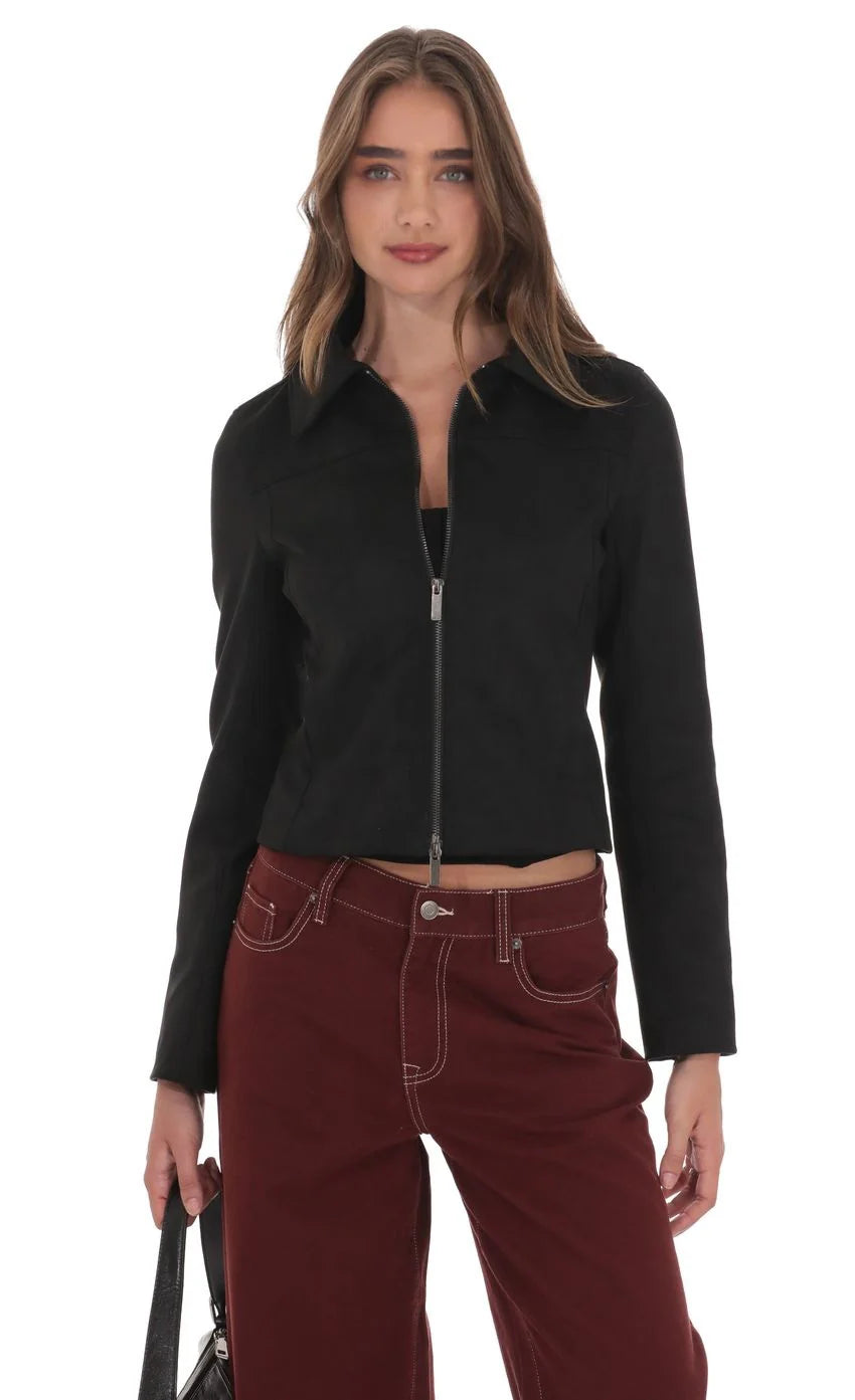 Suede Zip-Up Jacket in Black