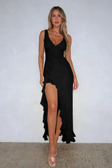 V-Neck Ruffle Hem Slit Dress