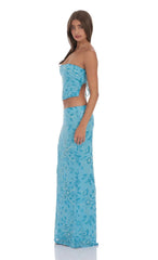 Sequin Beaded Floral Maxi Skirt in Aqua Blue