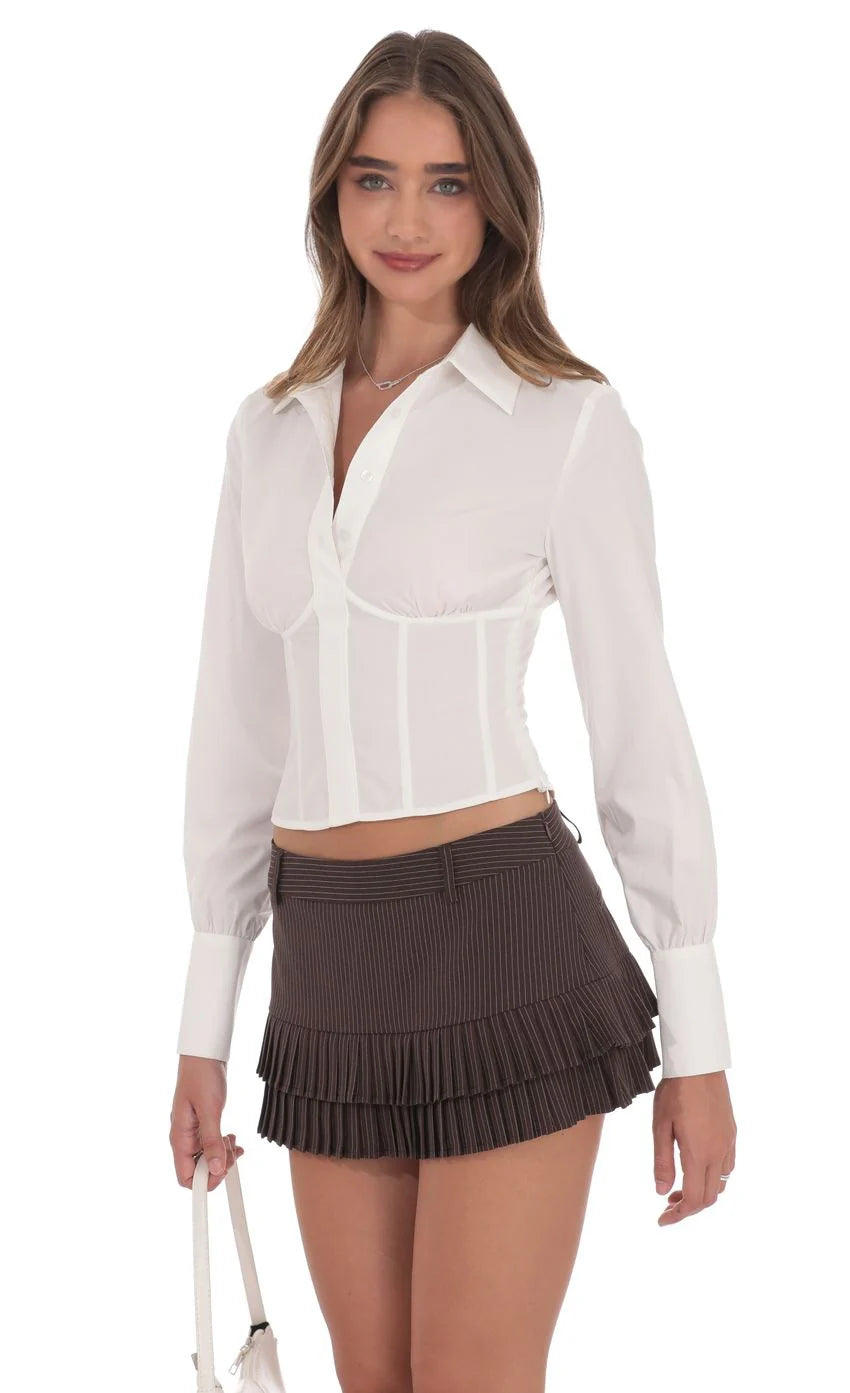Pinstripe Pleated Ruffle Skort in Brown