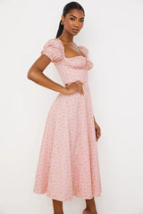 Pink Printed Puff Sleeve Midi Dress