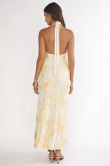 Kirralee Asymmetric Halterneck Embellished Maxi Dress Yellow