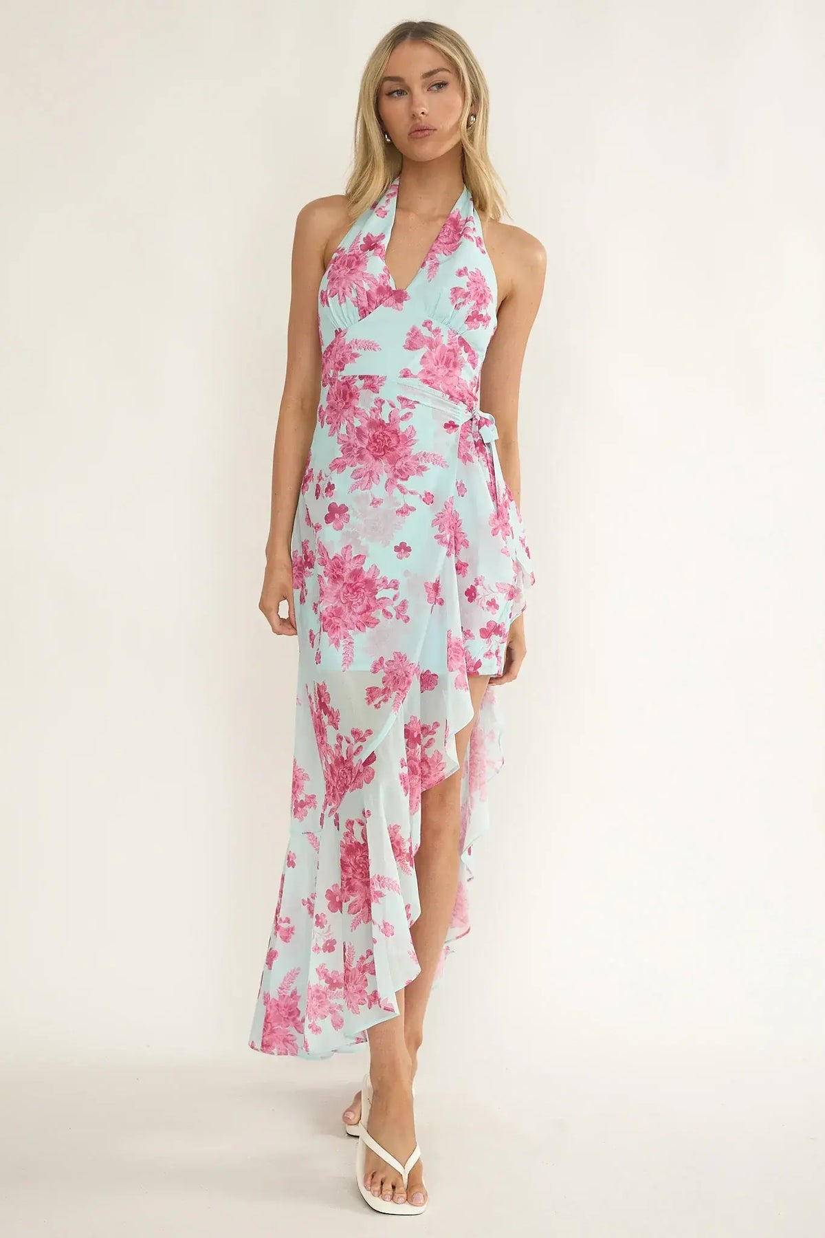 Nerida Waist Tie Asymmetric Dress Floral Ice Blue