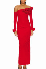 Slanted Shoulder Ruched Rose Flowers Dress