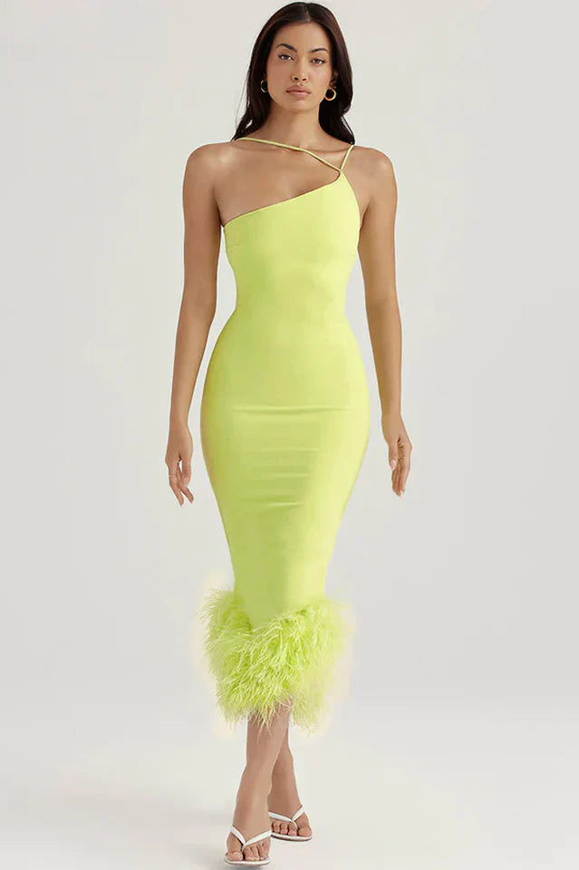 One Shoulder Halter Fur Swing Dress