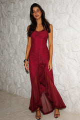 Noelia Gathered Waist Frill Trim Maxi Dress Wine