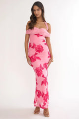 Fleurie Halter Off-Shoulder Maxi Dress Embellished Pink