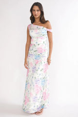 Lylah Asymmetric Neckline Mesh Maxi Dress Floral Blue