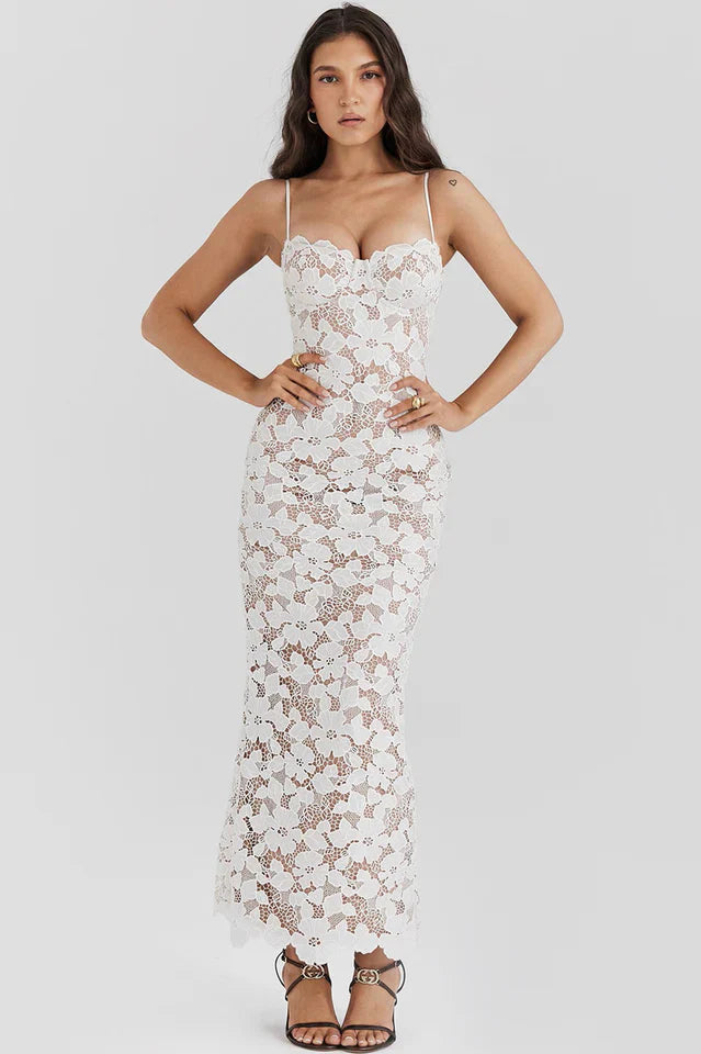 Pearl White Floral Embroidered Maxi Dress