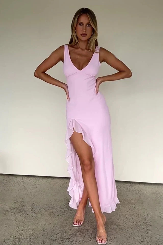 V-Neck Ruffle Hem Slit Dress